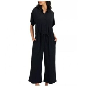 EILEEN FISHER Black Short Sleeve Drawstring Waist Wide Leg Jumpsuit‎ XL TG